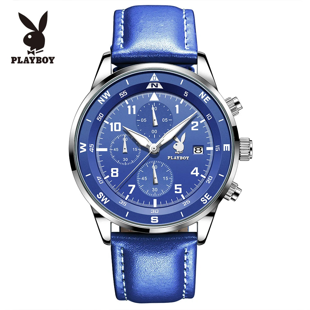 PLAYBOY Luxury Quartz Men's Watches Fashion Casual Leather Strap Sports Chronograph Wristwatch Original Waterproof Watches 3303
