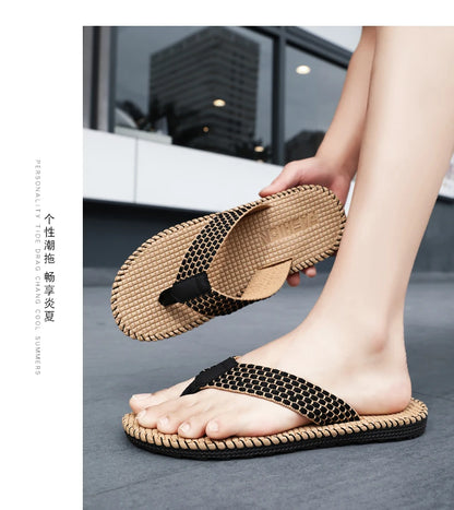 Men's flip flops summer new lightweight rubber woven slippers fashion casual outdoor sandals breathable anti slip beach shoes