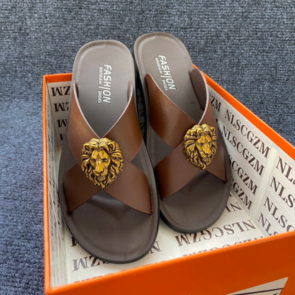 genuine leather slippers men original summer fashion Man slippers outdoor slides size 38-48 new brand designer shoes for man