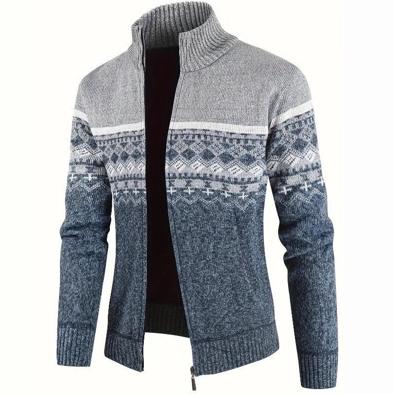 Men's Zip Up Fair Isle Cardigan Sweater Warm Knit Jacquard Stand Collar Casual Winter Pullover with Thermal Lining