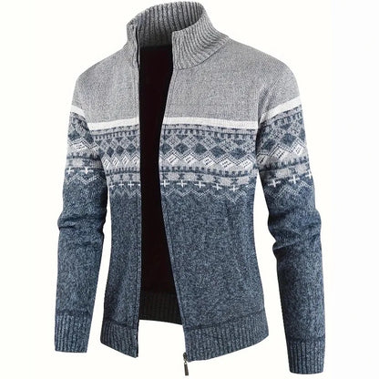 Men's Zip Up Fair Isle Cardigan Sweater Warm Knit Jacquard Stand Collar Casual Winter Pullover with Thermal Lining