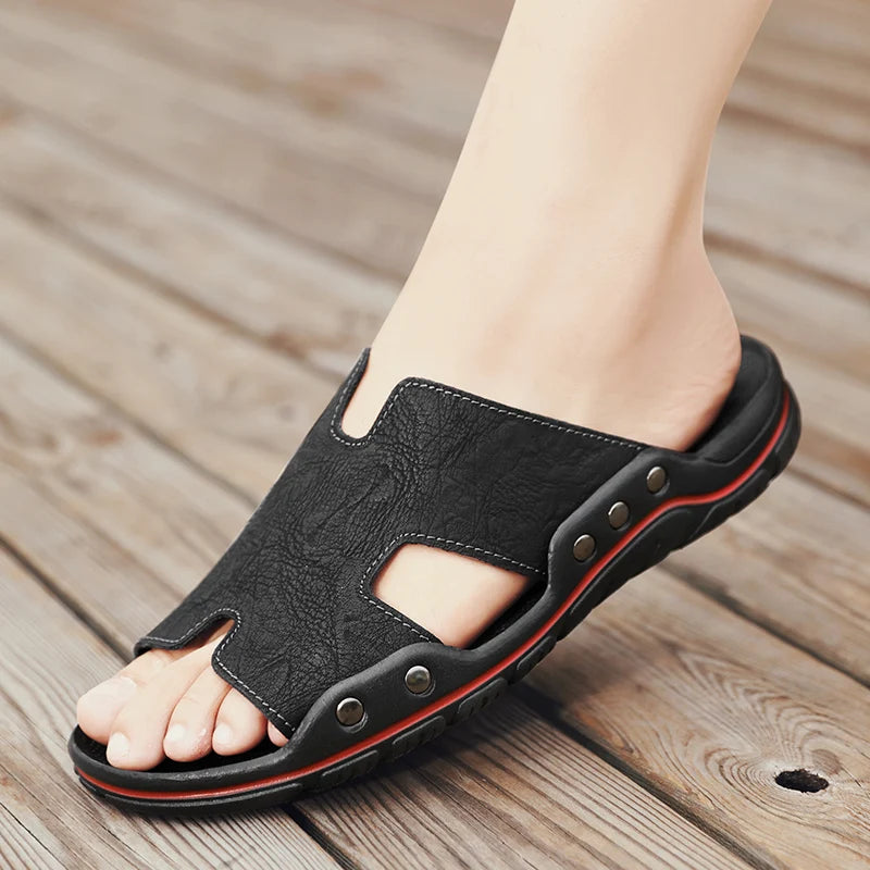 Summer Men Slippers Genuine Leather Breathable Clogs Sandals Beach Classics Leather Slides Outdoor Flip Flops Plus Size Men Shoe