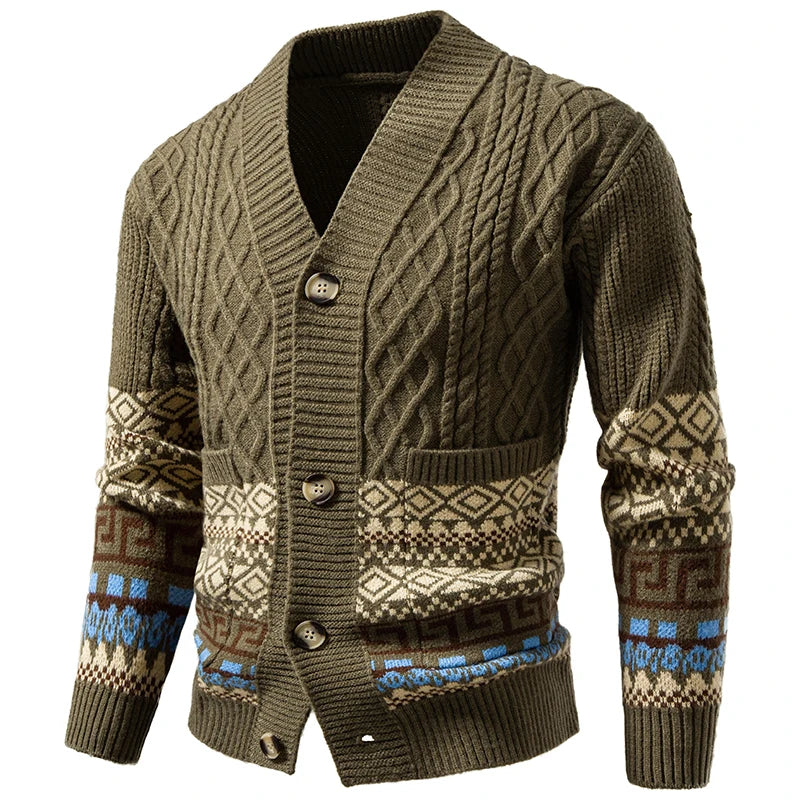 Men's Cable Knit Fair Isle Geometric Striped Cardigan V Neck Button Front Pocket Long Sleeve Sweater Autumn Winter Casual