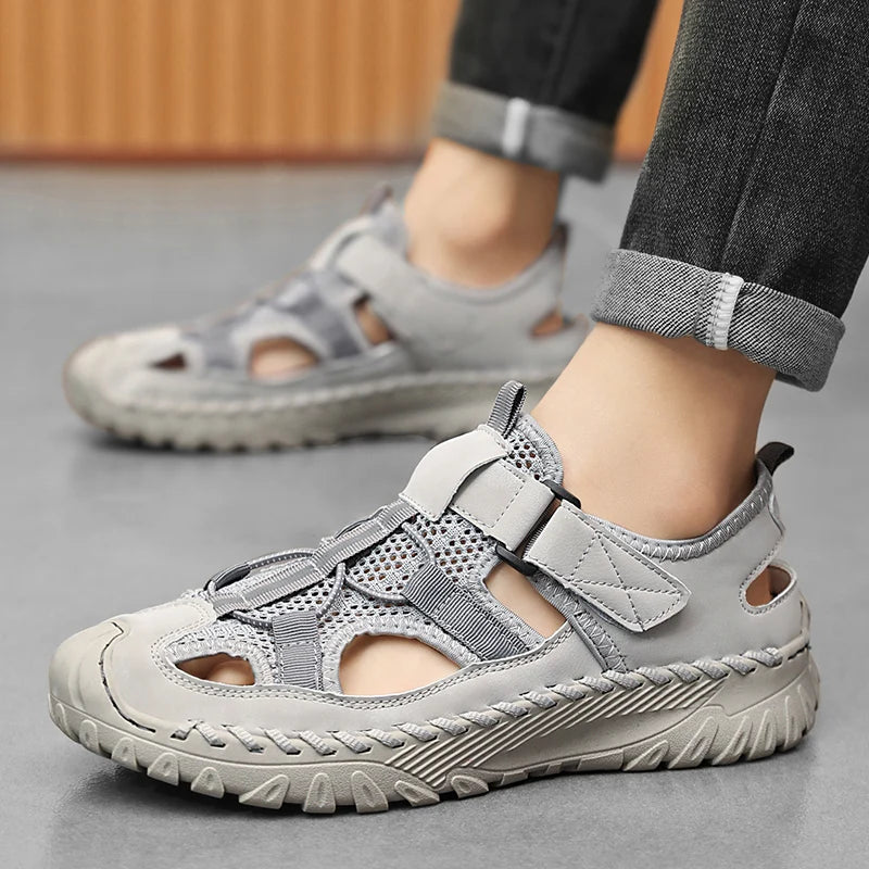 Men Outdoor Protective Toe Sandals Hollow Breathable Mesh Upper Quick Dry Lining Non Slip Walking Camping Driving Casual Shoes