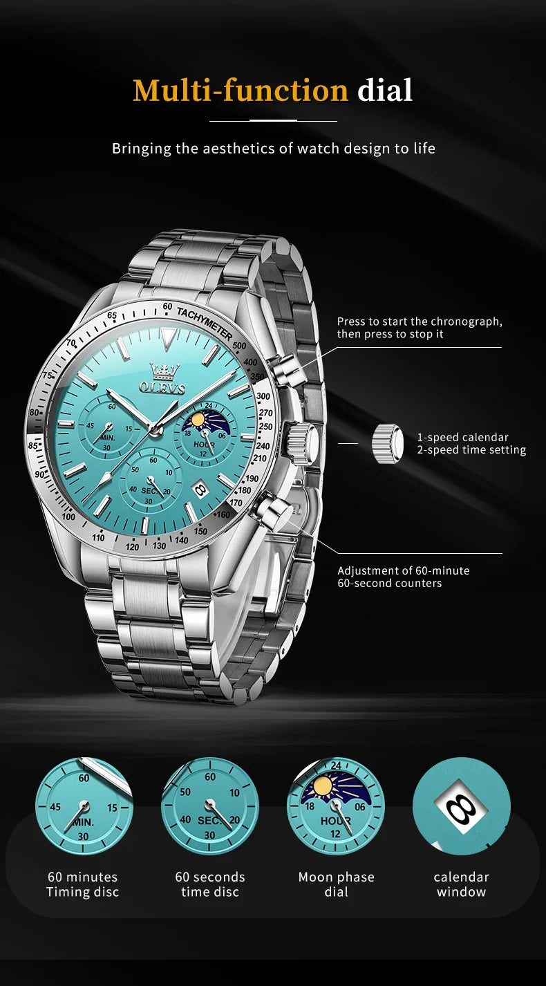 OLEVS 3618 Waterproof Luminous Date Moon Chronograph Wristwatches Mens Luxury Stainless Steel Quartz Watch for Men Reloj Hombre