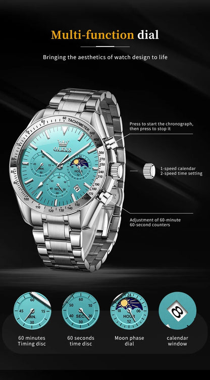OLEVS 3618 Waterproof Luminous Date Moon Chronograph Wristwatches Mens Luxury Stainless Steel Quartz Watch for Men Reloj Hombre