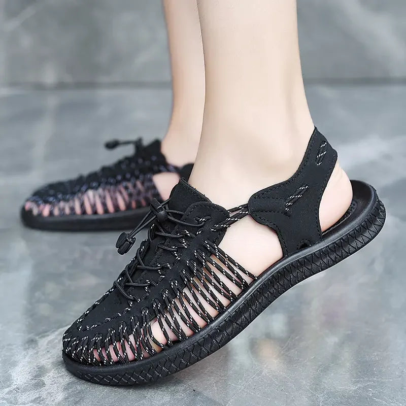 Summer Men Sandals Women Slippers Weaving Design Beach Sandals Breathable Casual Flat Sandals Outdoor Couples Sandals Size 48