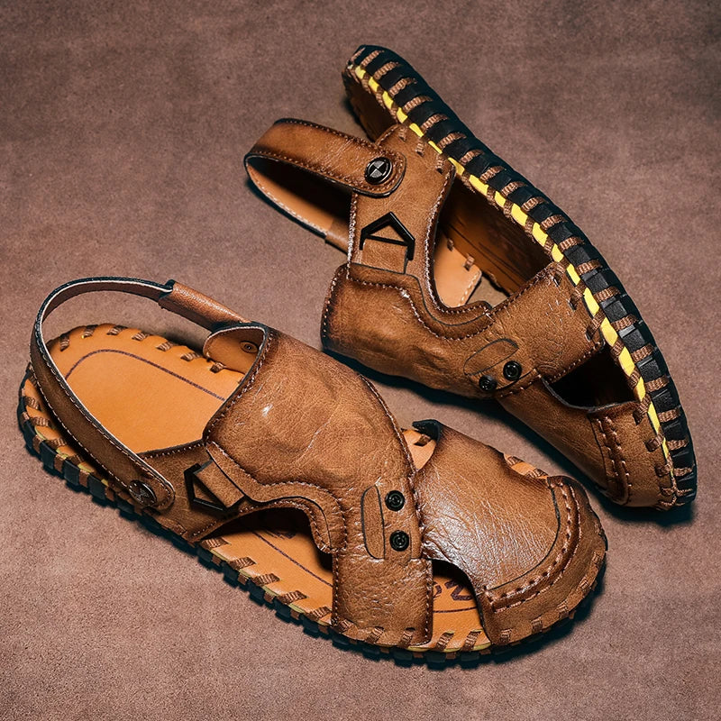 Handmade Men's Summer Sandals Genuine Leather Beach Rubber Flip Flops Classic Roman Male Sandals Outdoor Dual-Purpose Slippers
