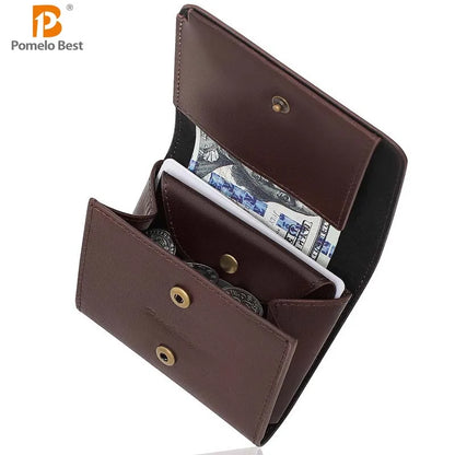 Pomelo Best Portable Men's Bifold Small Vintage Genuine Fine Grain Leather Wallet with Coin Compartment Press Stud Gift for Men