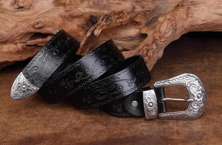 High Quality Court Style Embossed Western Cowboy Steel Buckle Belt Genuine Leather Designer Men Belt Punk Jeans Belts For Men