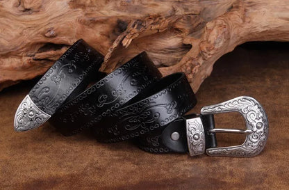 High Quality Court Style Embossed Western Cowboy Steel Buckle Belt Genuine Leather Designer Men Belt Punk Jeans Belts For Men