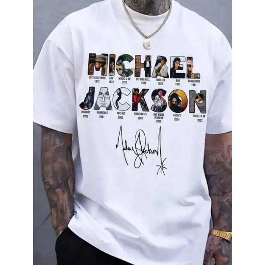 【New Arrival】Michael Jackson Discography T-Shirt, White Cotton Crew Neck, Career Album Covers & Signature Graphic Tee for Fans