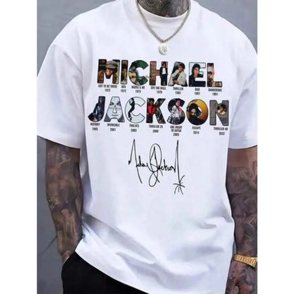【New Arrival】Michael Jackson Discography T-Shirt, White Cotton Crew Neck, Career Album Covers & Signature Graphic Tee for Fans