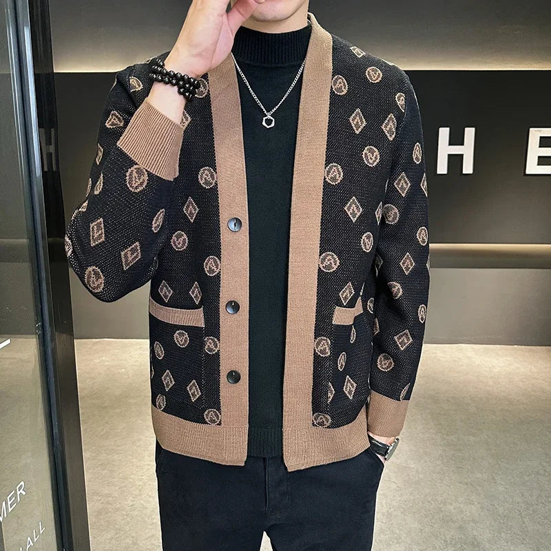 Brand Autumn Jacquard Knitted Cardigan Jackets Men Casual Business Sweater Coats Fashion Button Cardigans Men Clothing M-4XL