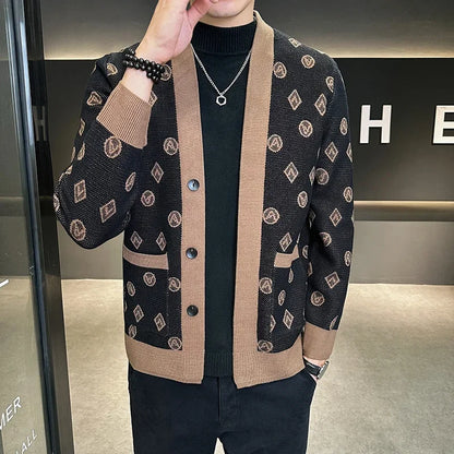 Brand Autumn Jacquard Knitted Cardigan Jackets Men Casual Business Sweater Coats Fashion Button Cardigans Men Clothing M-4XL