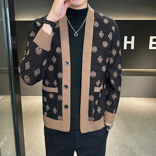Brand Autumn Jacquard Knitted Cardigan Jackets Men Casual Business Sweater Coats Fashion Button Cardigans Men Clothing M-4XL