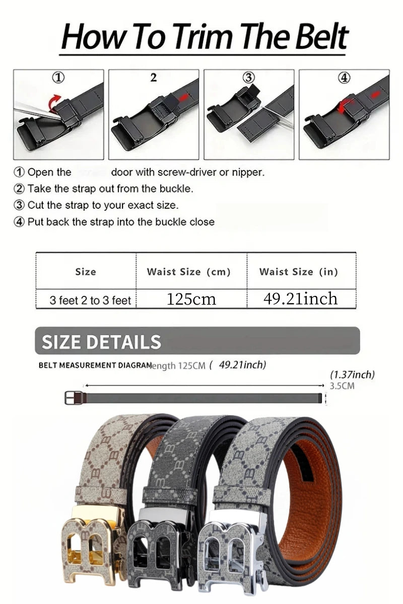 Classic B Print Leather Belt for Men - Adjustable Ratchet Buckle Dress Belt for Suits & Trousers