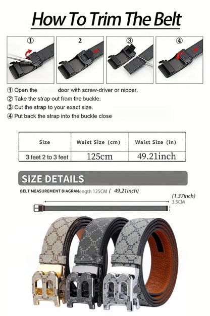 Classic B Print Leather Belt for Men - Adjustable Ratchet Buckle Dress Belt for Suits & Trousers