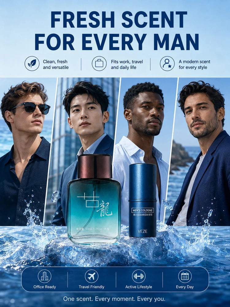 2Pcs Men Cologne Set Ocean Fresh Spray Perfume & Solid Cologne Long Lasting Portable Fragrance Gift for Him Travel Daily