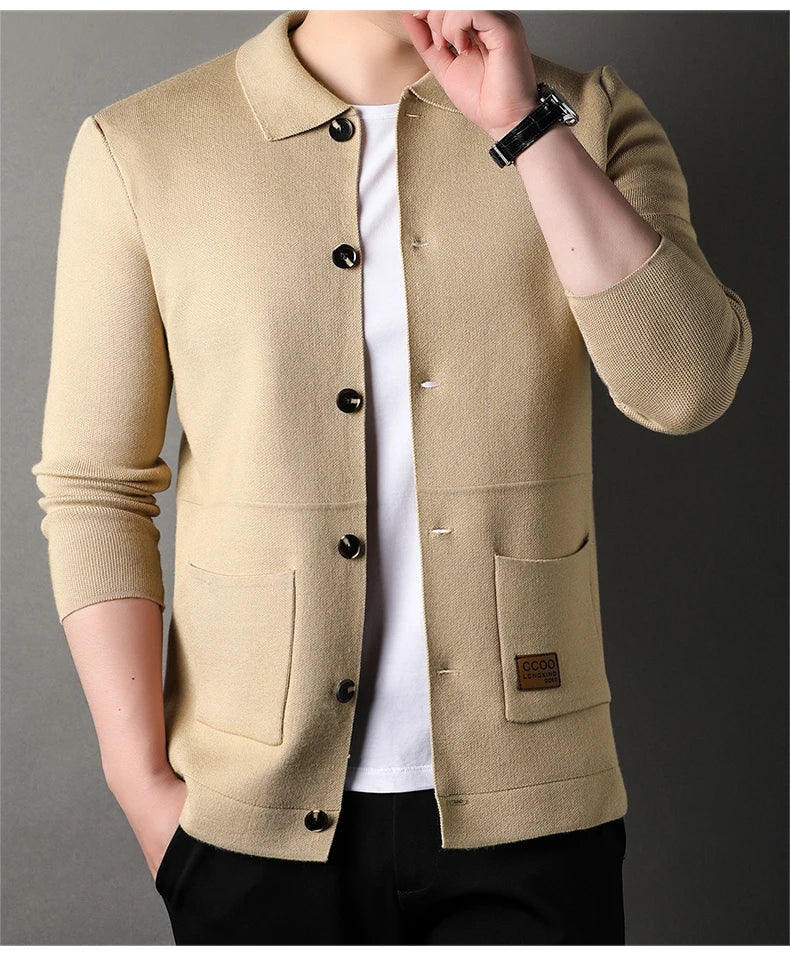 Autumn and Winter New Men's Long-Sleeved Sweater Youth Popularity Cardigan Men's Knitwear Sweater Lapel Youth Thin Coat