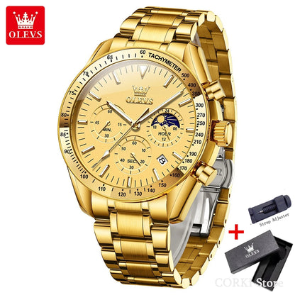 OLEVS 3618 Waterproof Luminous Date Moon Chronograph Wristwatches Mens Luxury Stainless Steel Quartz Watch for Men Reloj Hombre