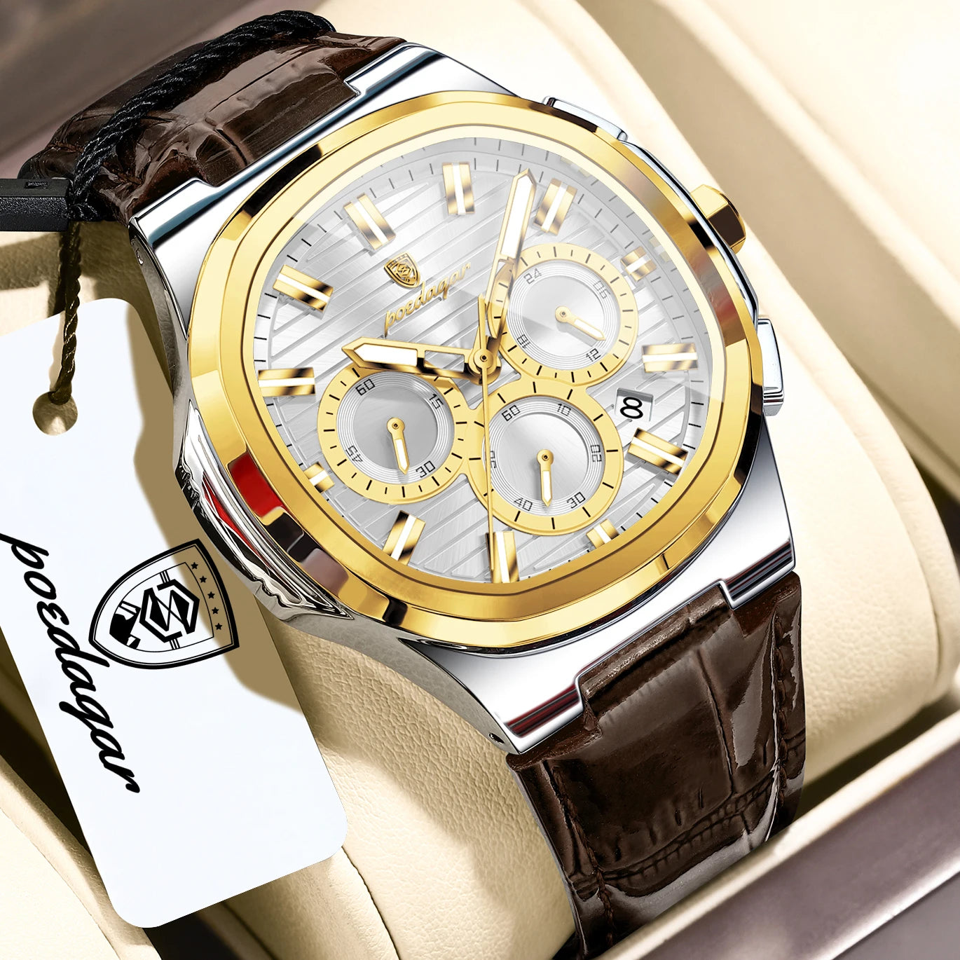 POEDAGAR Top Business Man Wristwatch Date Chronograph Waterproof Luminous Luxury Men Watch Leather Quartz Men's Watches Male+Box