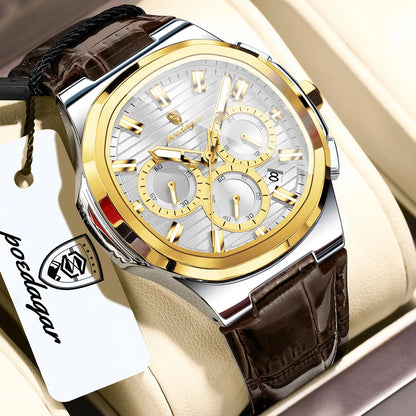 POEDAGAR Top Business Man Wristwatch Date Chronograph Waterproof Luminous Luxury Men Watch Leather Quartz Men's Watches Male+Box