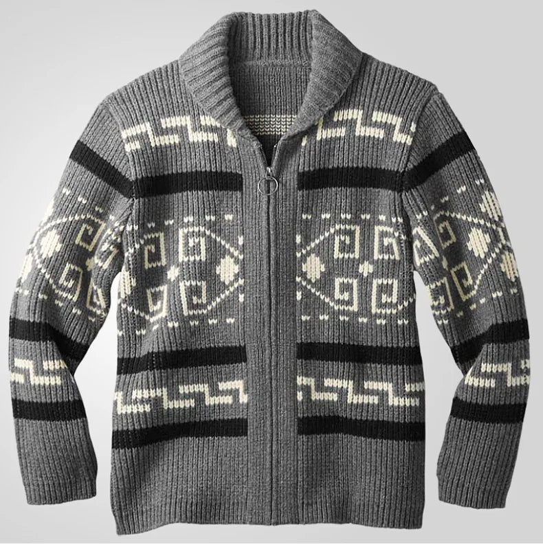 Men's Geometric Knit Cardigan Shawl Collar Full Zip-Up Tribal Print Sweater Chunky Ribbed Knit Vintage Navajo-Inspired Jacket