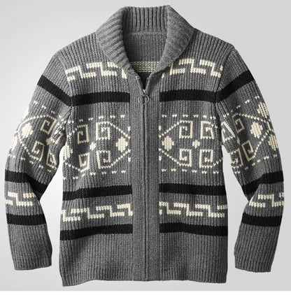 Men's Geometric Knit Cardigan Shawl Collar Full Zip-Up Tribal Print Sweater Chunky Ribbed Knit Vintage Navajo-Inspired Jacket