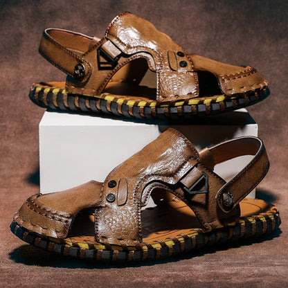 Handmade Men's Summer Sandals Genuine Leather Beach Rubber Flip Flops Classic Roman Male Sandals Outdoor Dual-Purpose Slippers