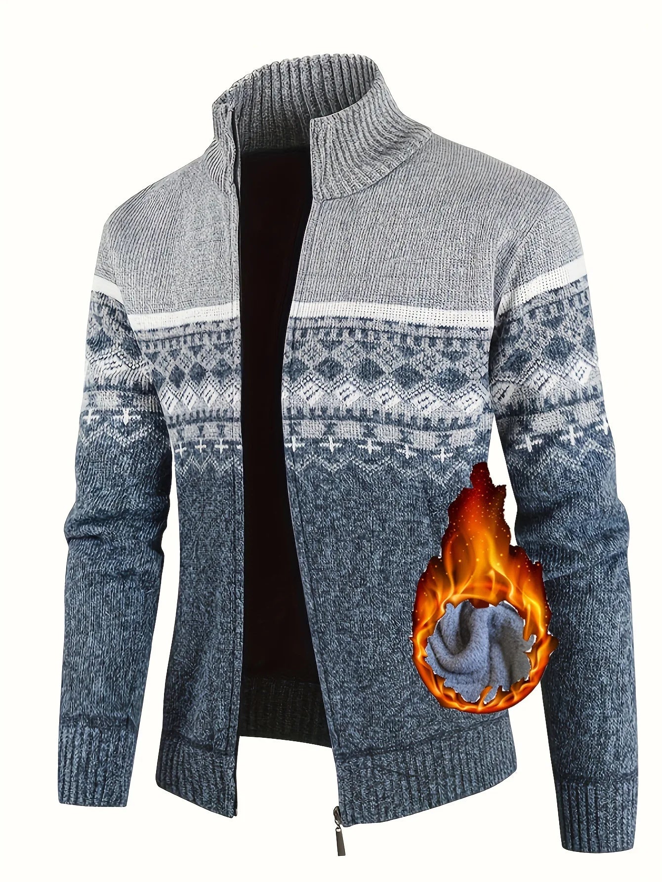 Men's Zip Up Fair Isle Cardigan Sweater Warm Knit Jacquard Stand Collar Casual Winter Pullover with Thermal Lining