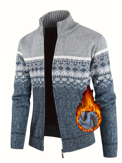 Men's Zip Up Fair Isle Cardigan Sweater Warm Knit Jacquard Stand Collar Casual Winter Pullover with Thermal Lining