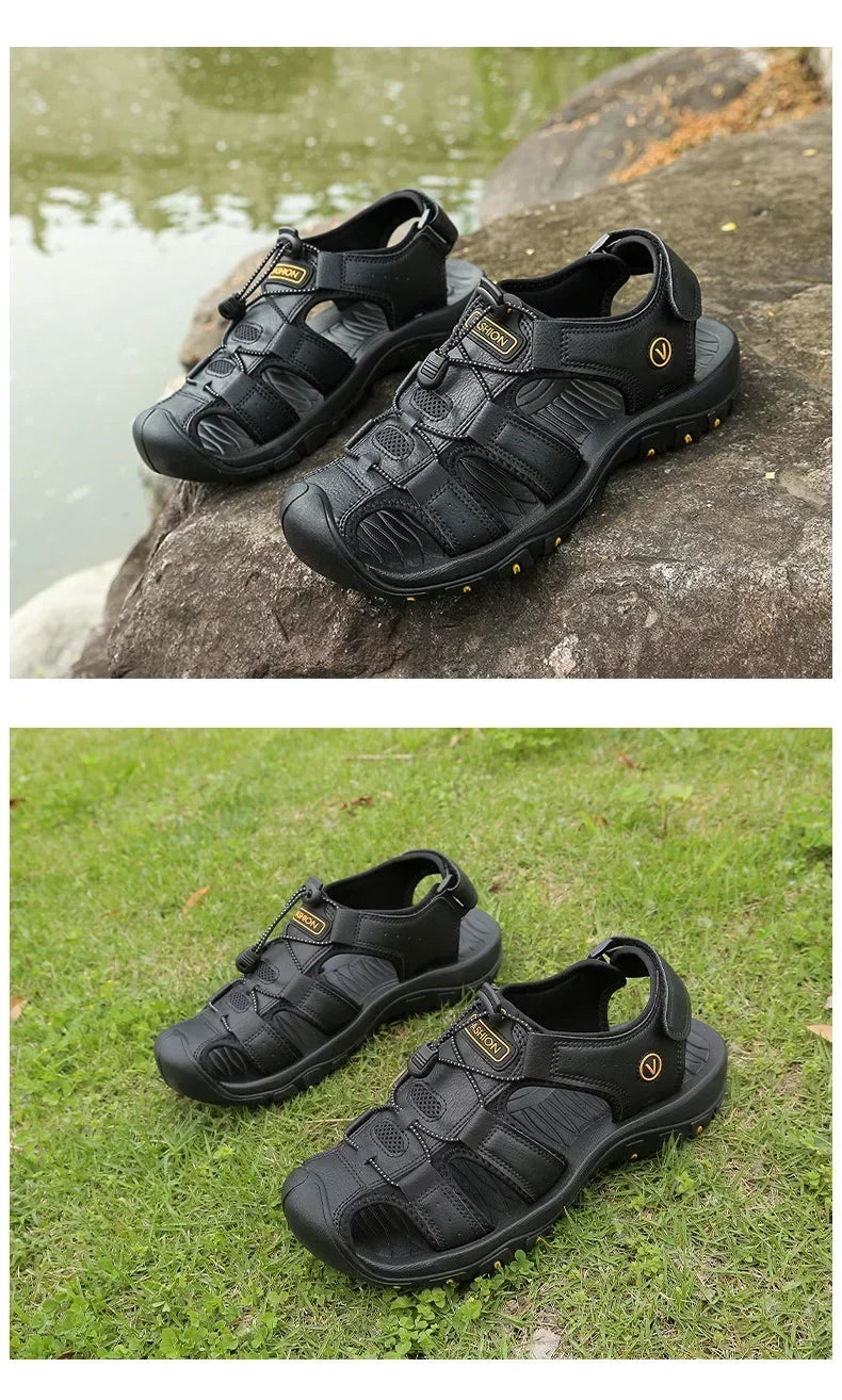 2026 New Men's Sandals Handmade Thick Bottom Rubber Breathable Casual Slip-On Beach Shoes Leather Upgraded Version