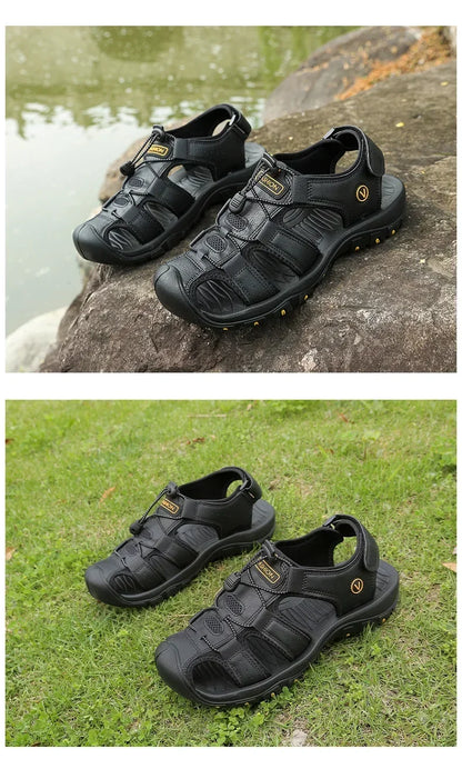 2026 New Men's Sandals Handmade Thick Bottom Rubber Breathable Casual Slip-On Beach Shoes Leather Upgraded Version
