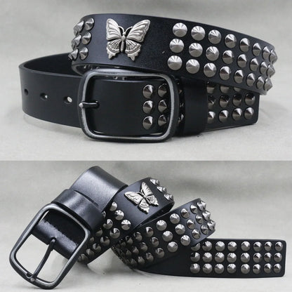 Designer Brand Belt Men Rivet Real Leather Pin Belt Male Black Rock Genuine Leather Cowhide Luxury Punk Belt Jeans