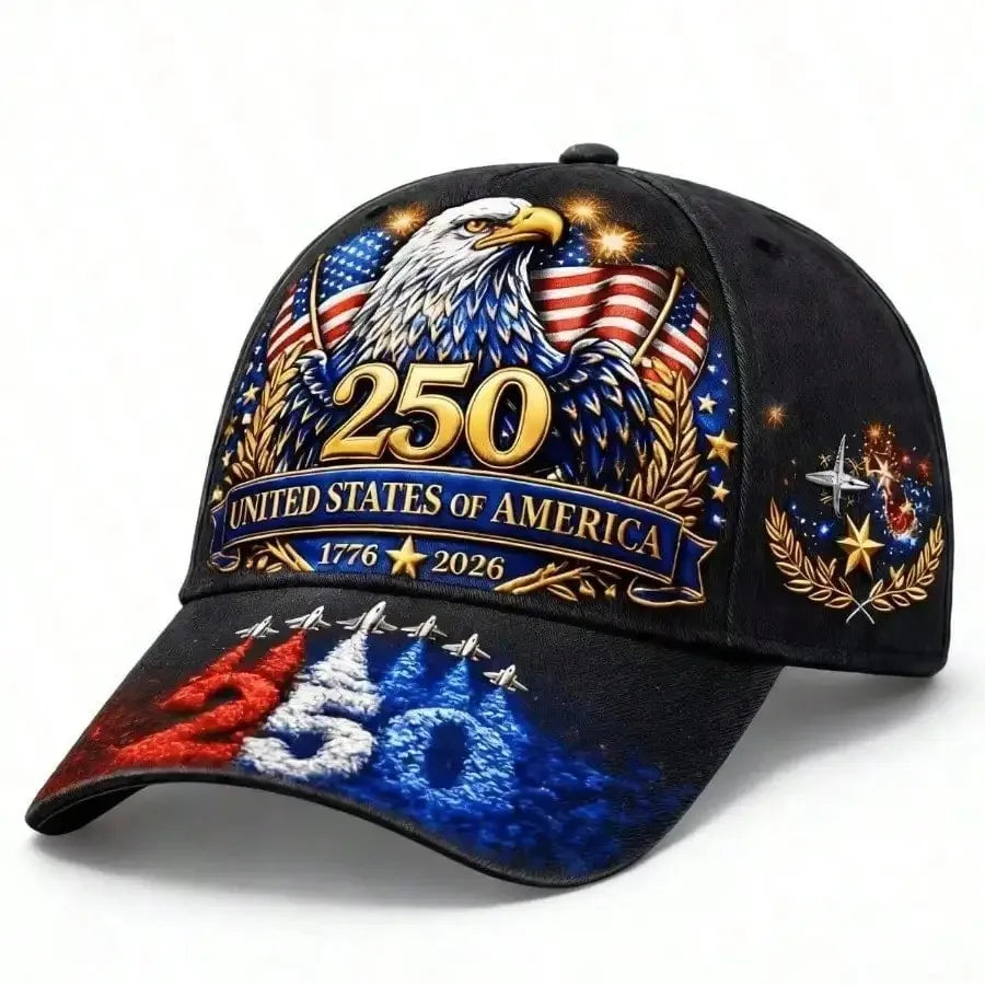 250th Anniversary American Baseball Cap, 1776-2026 Flag Golden Eagle Jet Plane Design, Patriotic Unisex Hat, Ideal Gift for