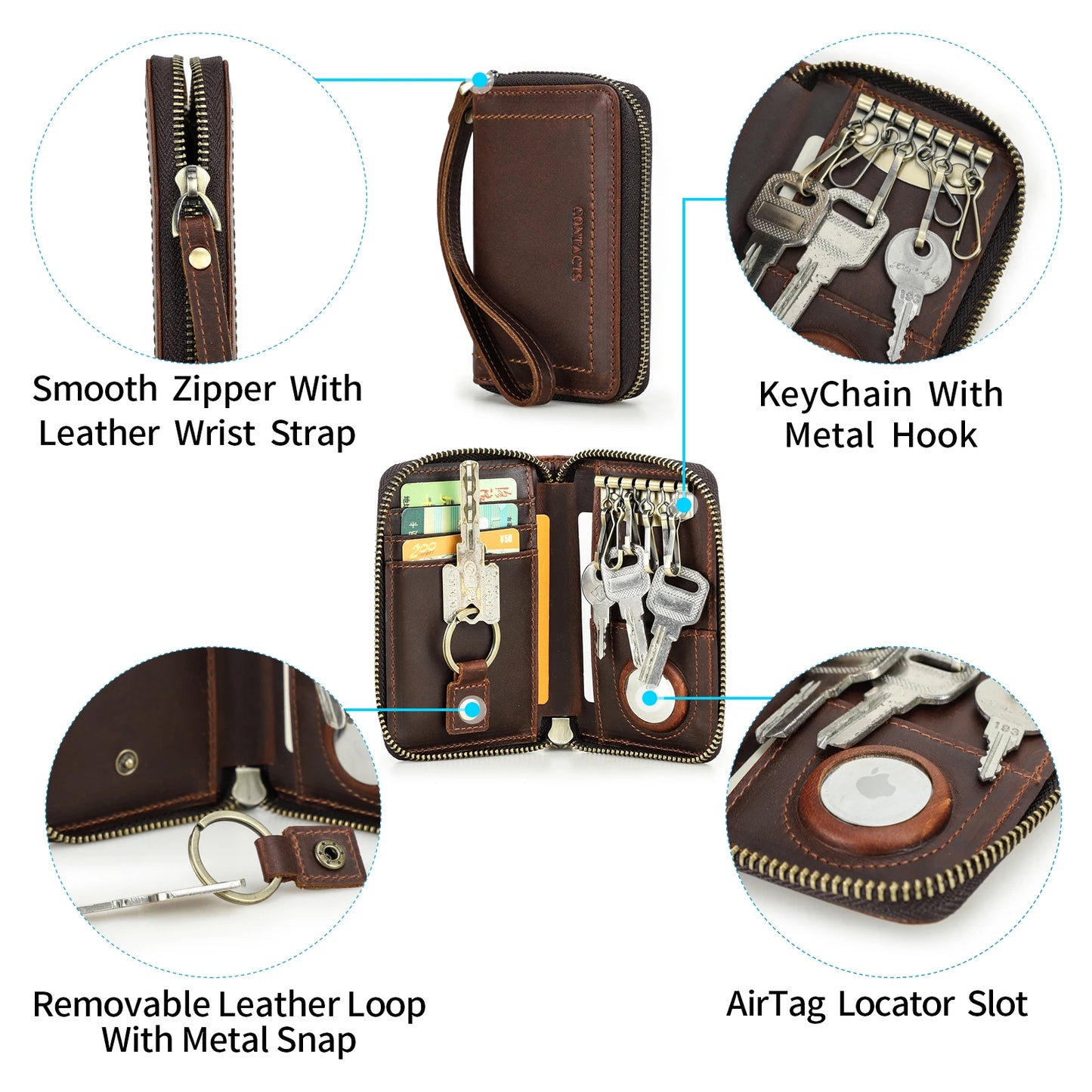 CONTACT'S Genuine Leather Key Wallets Key Chain Holder Full Grain Leather AirTag Slot Male Mini Wallets Key Pouch Card Holders