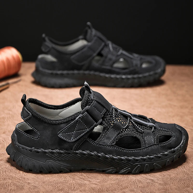 Men Outdoor Protective Toe Sandals Hollow Breathable Mesh Upper Quick Dry Lining Non Slip Walking Camping Driving Casual Shoes