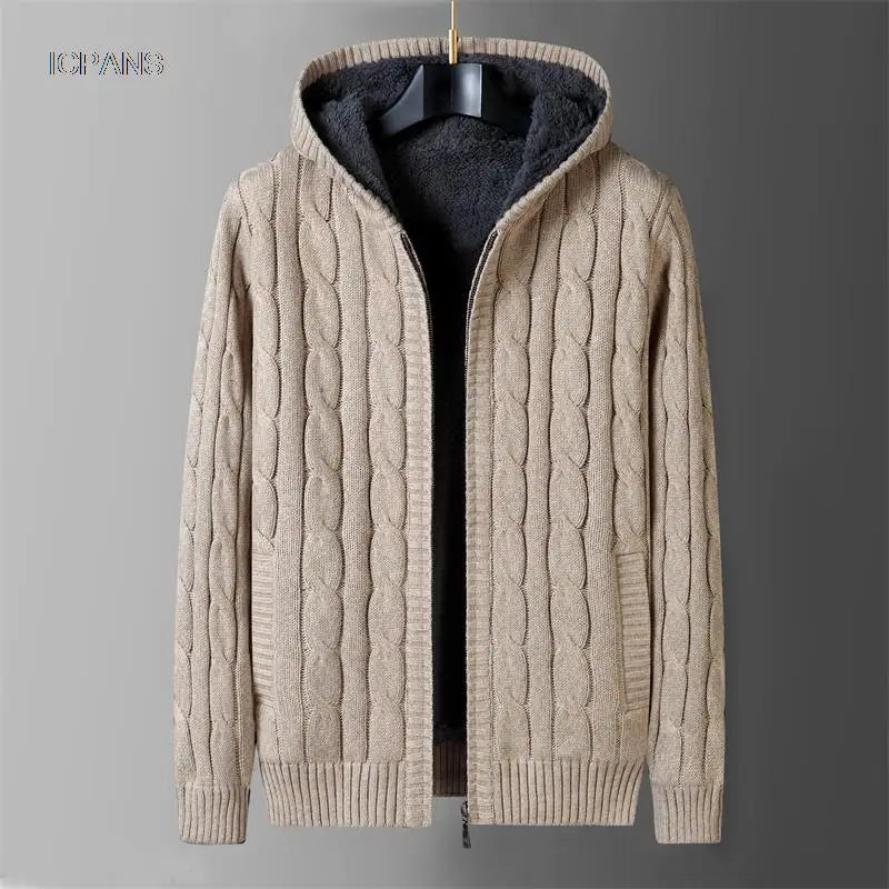 Men's Hooded Knit Winter Sweater Warm Fleece Liner Cardigan Black Khaki Knitwear Jacket Coat Clothing