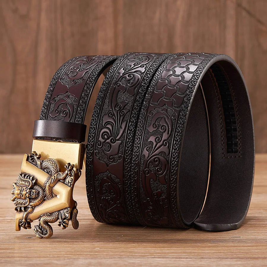3.5cm Fashion Embossing Retro Male Belts for Men Business Split Leather Belt Dragon Pattern Automatic Buckle Strap