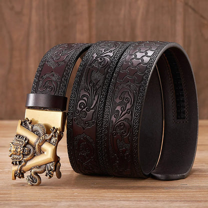 3.5cm Fashion Embossing Retro Male Belts for Men Business Split Leather Belt Dragon Pattern Automatic Buckle Strap