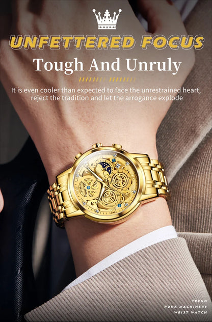 OLEVS 9947 Men's Watches Top Brand Luxury Original Waterproof Quartz Watch for Man Gold Skeleton Style 24 Hour Day Night New