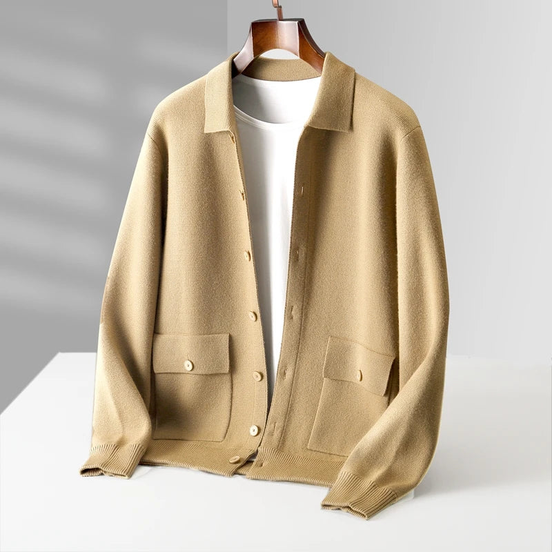 Autumn And Winter 100% Cashmere Cardigan Men's POLO Collar Coat Knitted Baseball Uniform Jacket Bottoming Wool Sweater