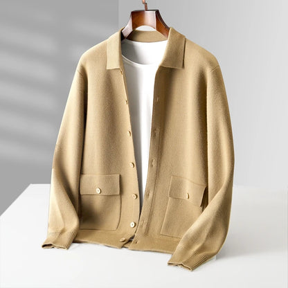 Autumn And Winter 100% Cashmere Cardigan Men's POLO Collar Coat Knitted Baseball Uniform Jacket Bottoming Wool Sweater