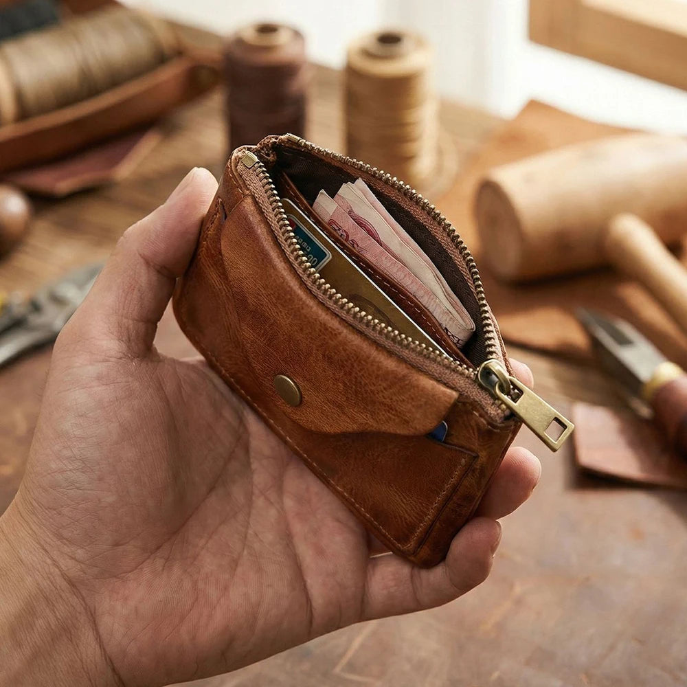 New Slim Short Men's Wallet Vintage Genuine Leather Card Holder Zipper Male Coin Purses High Quality Snap Men Money Clips