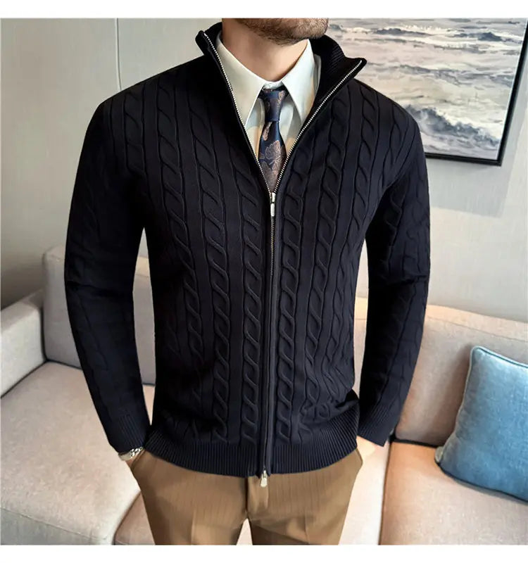 Men's Sweater Autumn Winter New Slim Fit Stand Collar Zipper Knitted Cardigan Fashion Solid Color Warm Stretch Knit Tops Coats