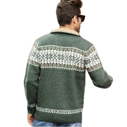 Men's Fair Isle Knitted Cardigan Full-Zip Nordic Pattern Thick Knitwear Multi-Color High-Neck Sweater Jacket for Winter