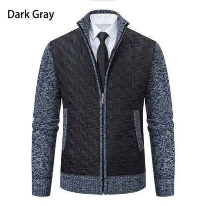 Mens Sweaters Jacket Full Zip Fleeced Sweater Cardigan Plaid Stand Collar Sweaters Coat Autumn Winter Homme Clothes