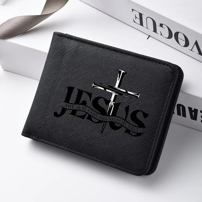 Men's Leather Simple Double-sided Wallet, Short Style, Casual Jesus Pattern, Thin Card Case, Men's Money Clip