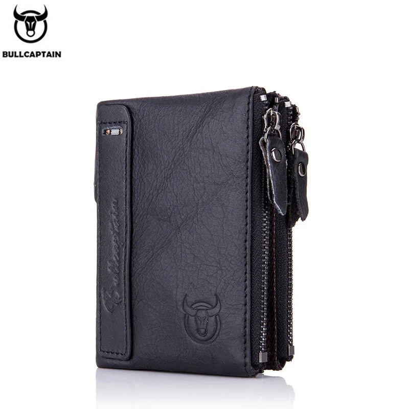 BULLCAPTAIN retro leather men's wallet leather zipper buckle short money wallet card holder coin purse RFID wallet QB06